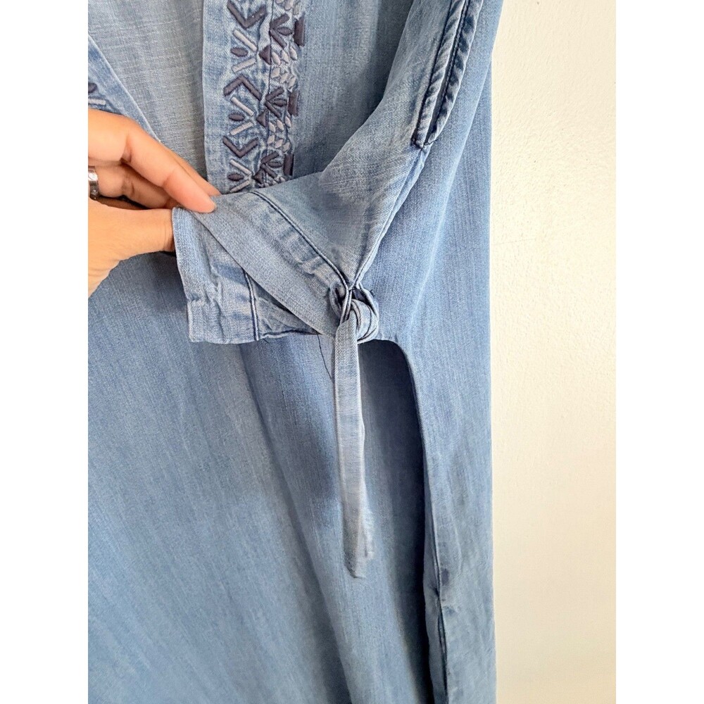 Blue Rain Chambray Tunic Dress Medium Blue Tencel Embroidered V-Neck Pockets Boh - Picture 6 of 11